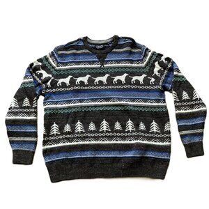 Chaps Holiday Knit Pullover Sweater Dog Fair Isle Grey/Blue CottonBlend Mens XXL